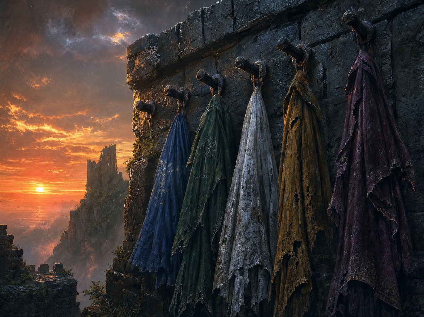 Five cloaks hanging from five iron pegs along a high stone wall at sunset, each a different colour and each worn to a different degree, one nearly whole and one worn through to holes.