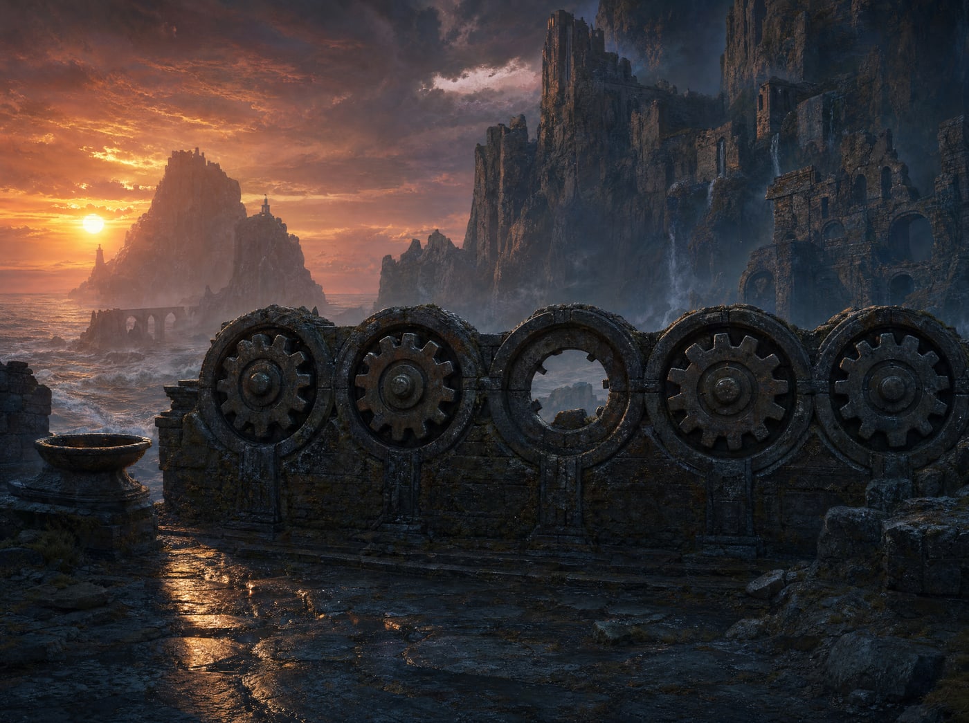 A weathered stone wall at sunset set with five great carved wheels in a row; four are complete and the middle one is an empty ring with nothing inside it.