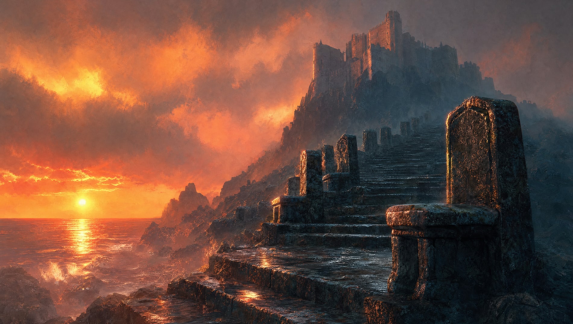 A long flight of stone terrace steps seen from the lowest one at sunset, the seats along its edge receding upward and empty, the fortress standing above in cloud.