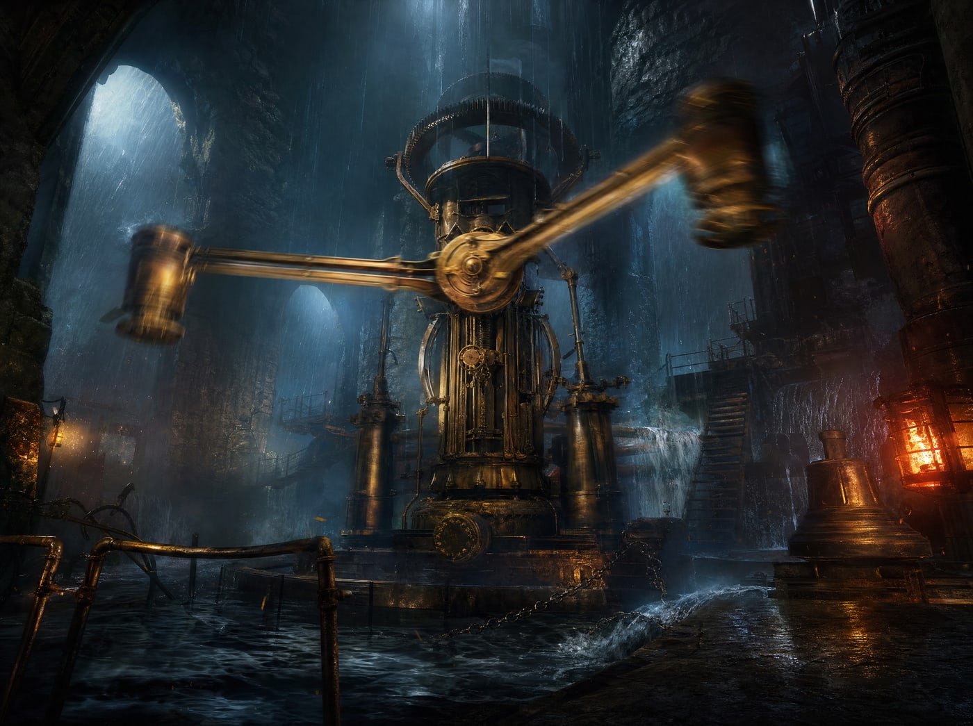 A tall brass centrifugal governor spinning at full speed in a rain-lit machine hall, its two weighted arms flung fully out and smeared into blur at the tips while the iron frame holding it stays perfectly sharp.