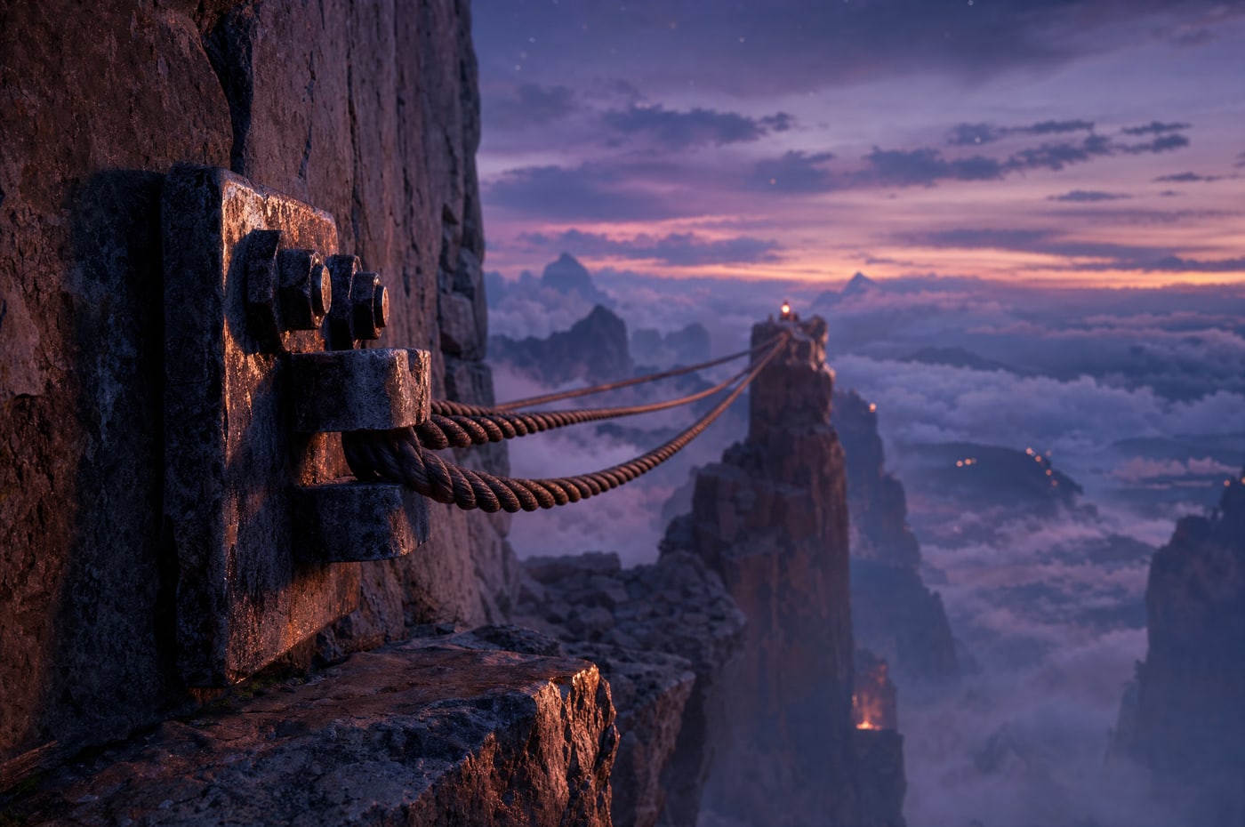 Close view of a heavy iron cable anchor bolted into weathered tower stone, three braided cables running out from it over cloud at dusk.
