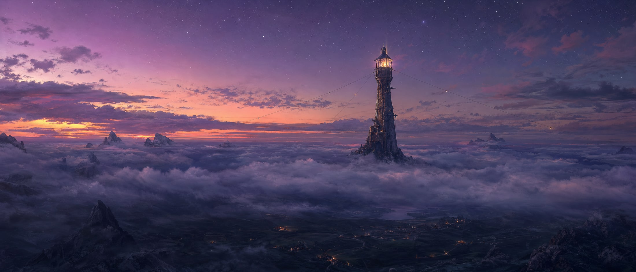 A tall stone relay tower rising out of a deep cloud layer at dusk, its beacon lit high above the murk while the valley below it lies in shadow.