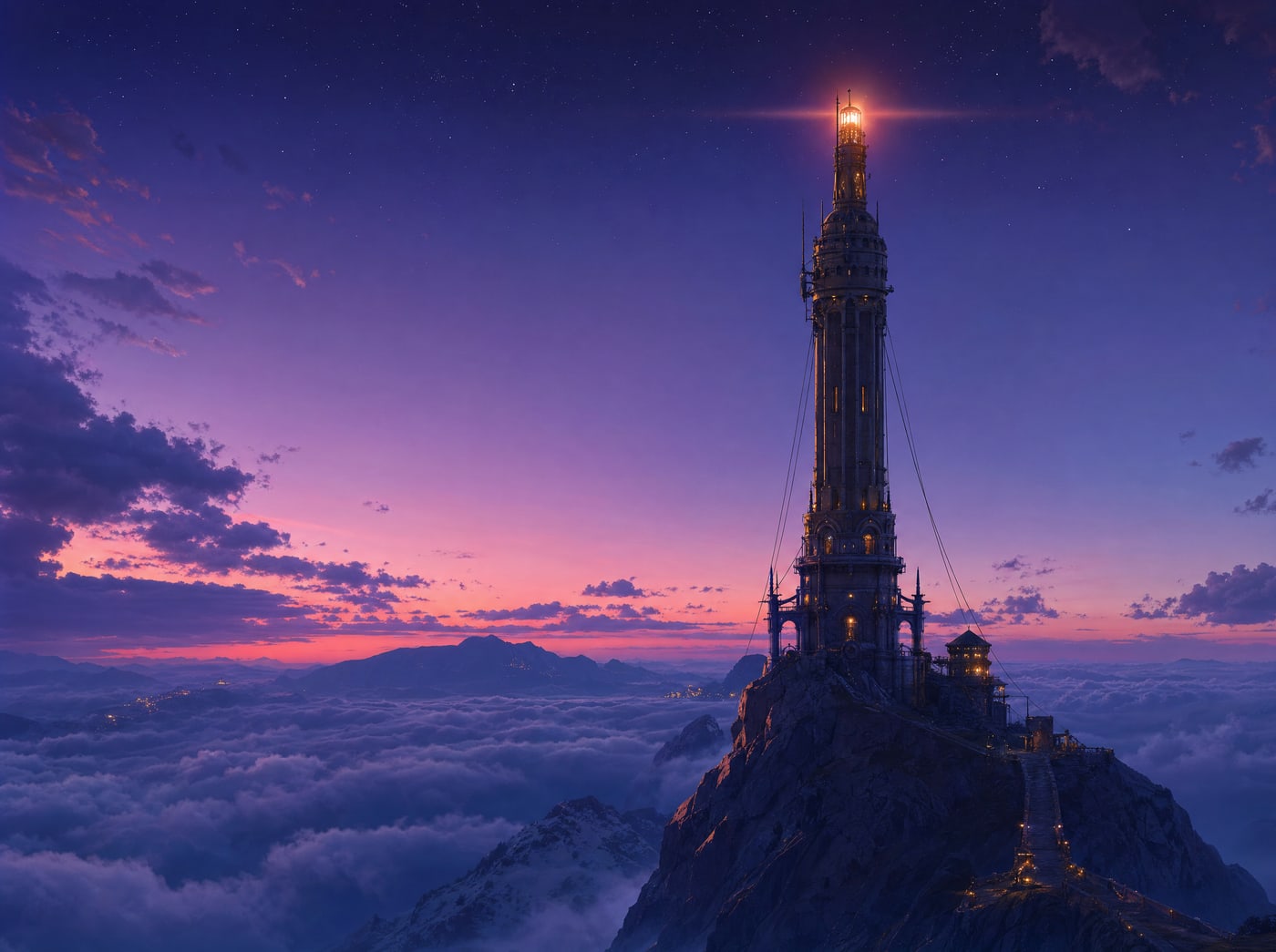 The top of a stone relay tower rising clear above a cloud layer into open violet sky, its beacon burning steadily in the last light.