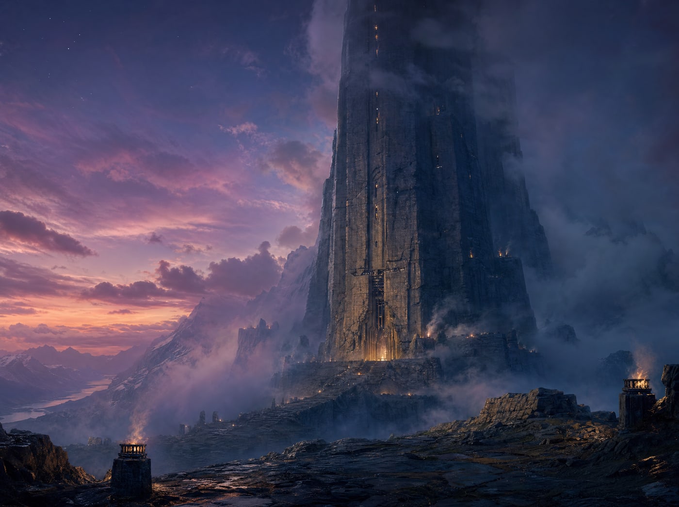 The base of a stone relay tower standing in dim low cloud, small lit lanterns around its foot and its upper half swallowed entirely by the murk.