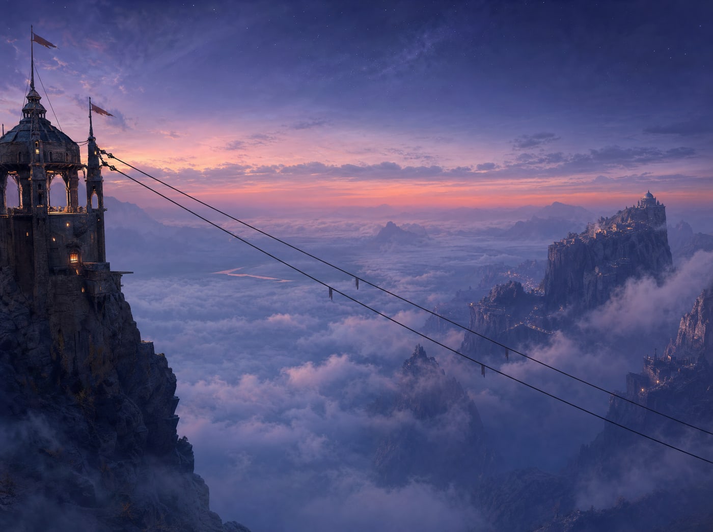 Three thin cables leaving the shoulder of a stone tower and running out separately over an unbroken layer of cloud toward points that cannot be seen.