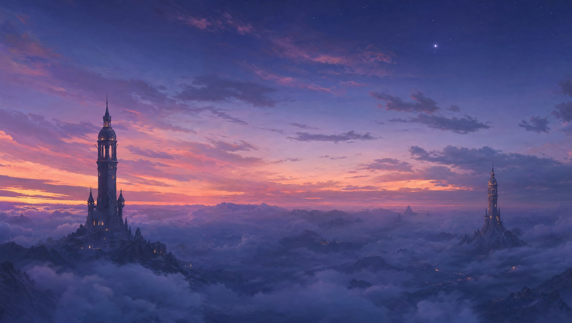 Two distant stone tower tops breaking through the same flat cloud layer at dusk, far apart, with no visible connection between them.