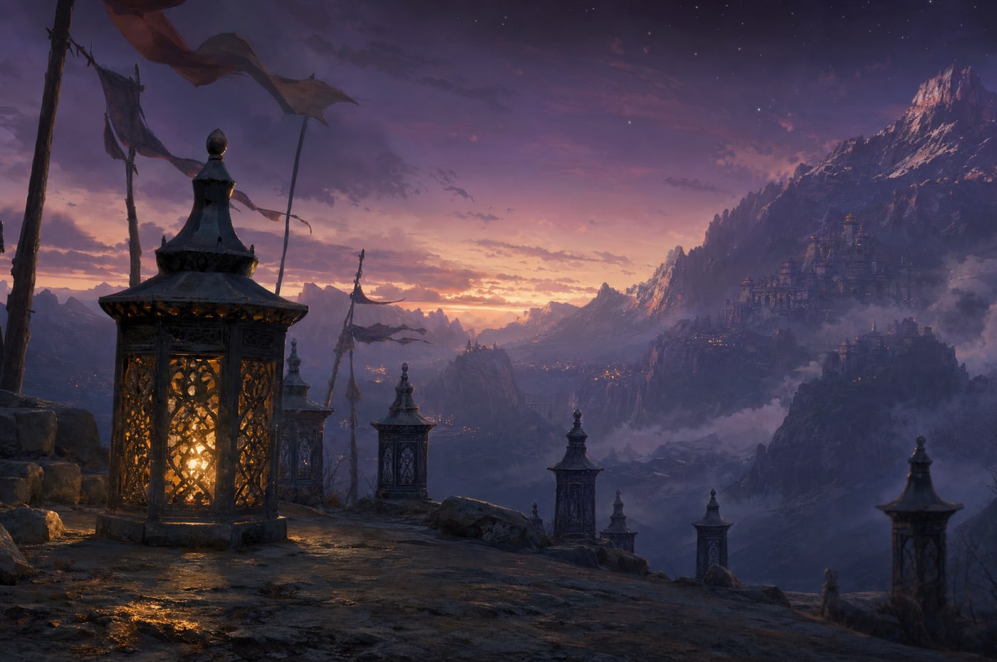 One stone lantern lit gold in close foreground on a ridge at dusk, a receding line of identical unlit lanterns soft behind it above a valley.