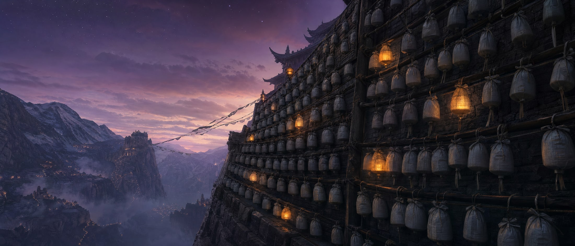 A high rooftop wall at dusk hung with hundreds of identical pale sealed paper lanterns in long rows, a scattered handful lit amber from within, violet mountains and a lit valley beyond.