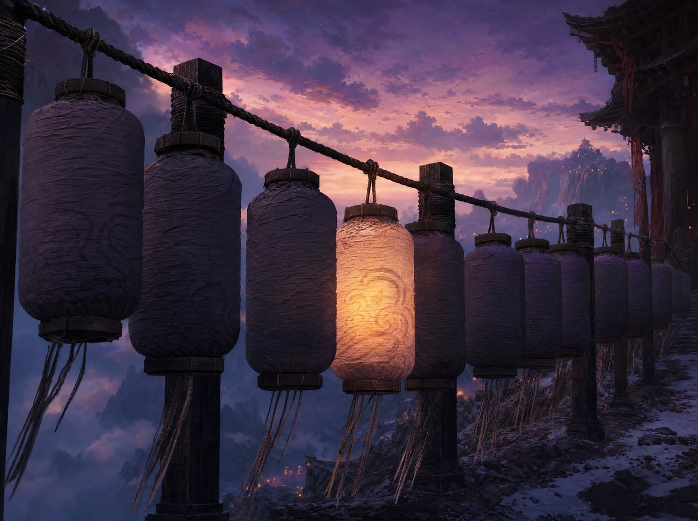 A close row of identical grey sealed paper lanterns strung on a rope at dusk, a single one in the middle glowing warm from inside.
