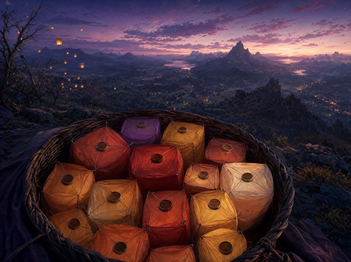 Looking down into a wicker basket packed with folded, unopened paper lanterns in red, amber and violet, a lit valley and distant peaks at dusk behind it.