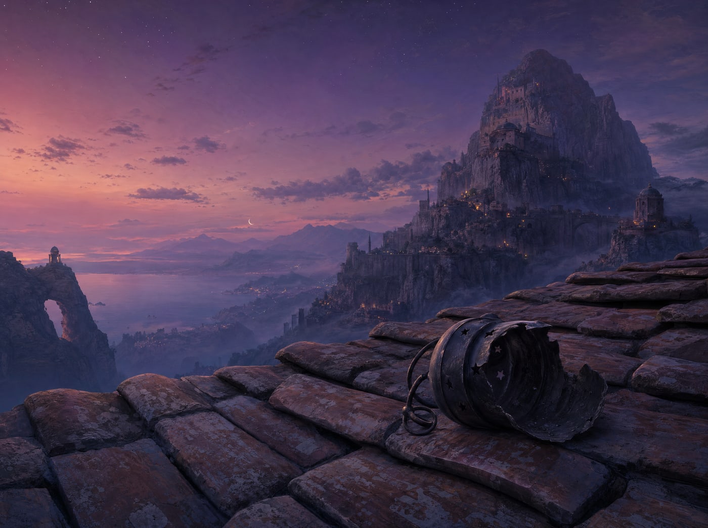 A single spent lantern husk lying split open and empty on weathered rooftop tiles at dusk, a cliff city and a violet sea beyond.