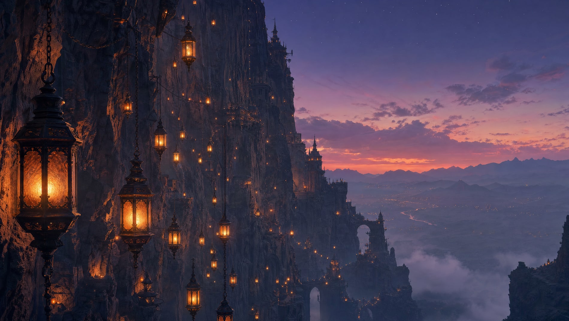 A dark cliff face at dusk hung with rows of lanterns on long chains, points of warm light scattered across a great expanse of unlit stone above a misted valley.