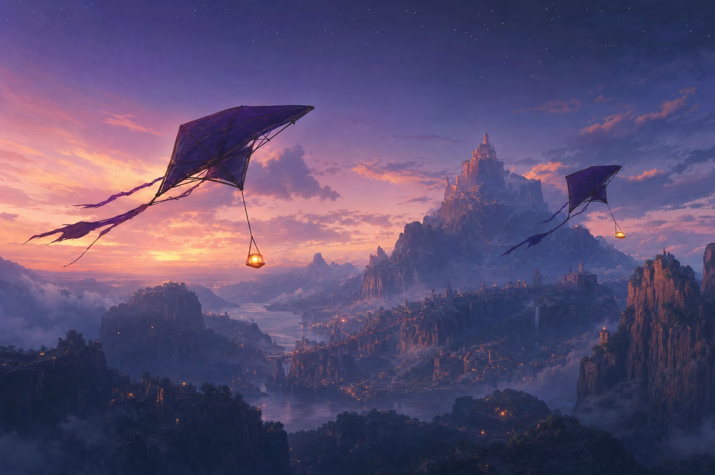 Two identical small warm lamps at dusk, one slung beneath the angular timber kite and one beneath the soft silk kite, hanging at the same height.