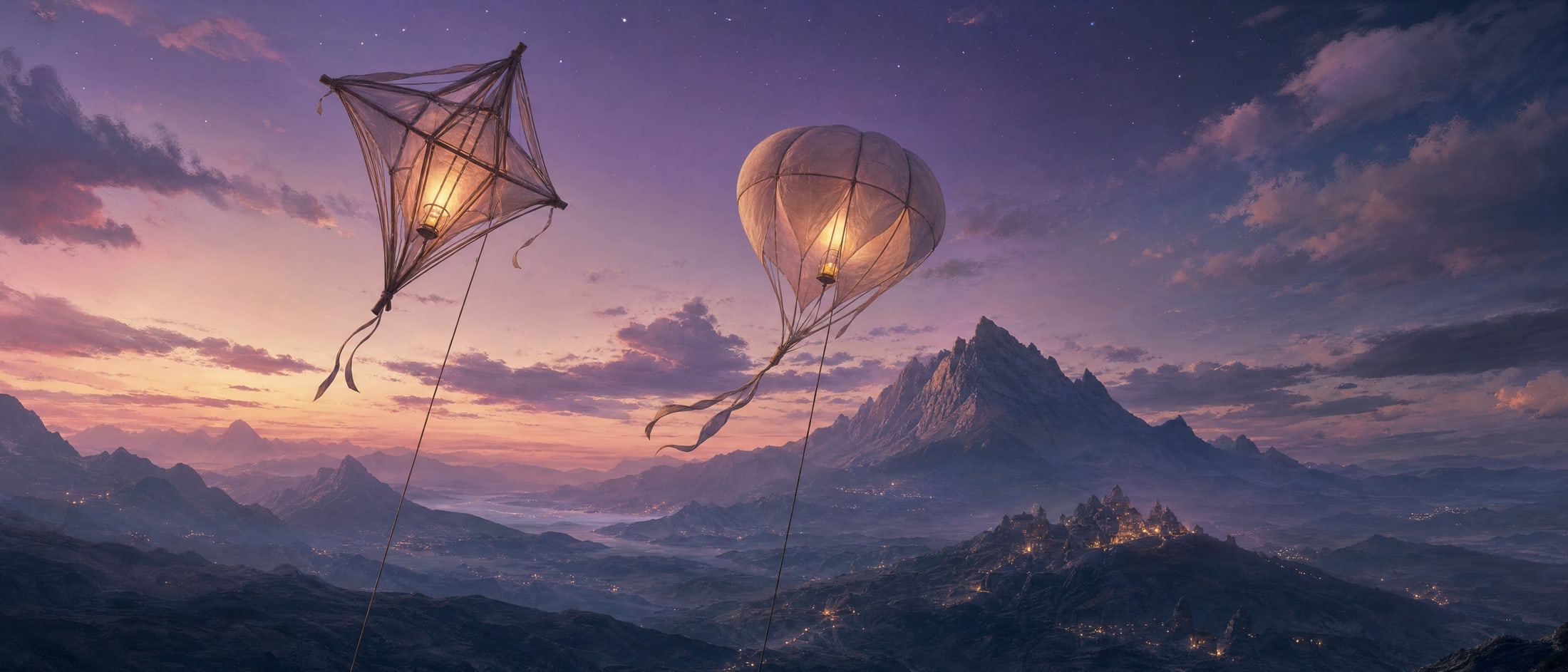 Two tethered lantern-kites of completely different construction flying side by side at dusk over a valley — one a taut angular timber frame, one a soft rounded silk form — each carrying the same small warm light.