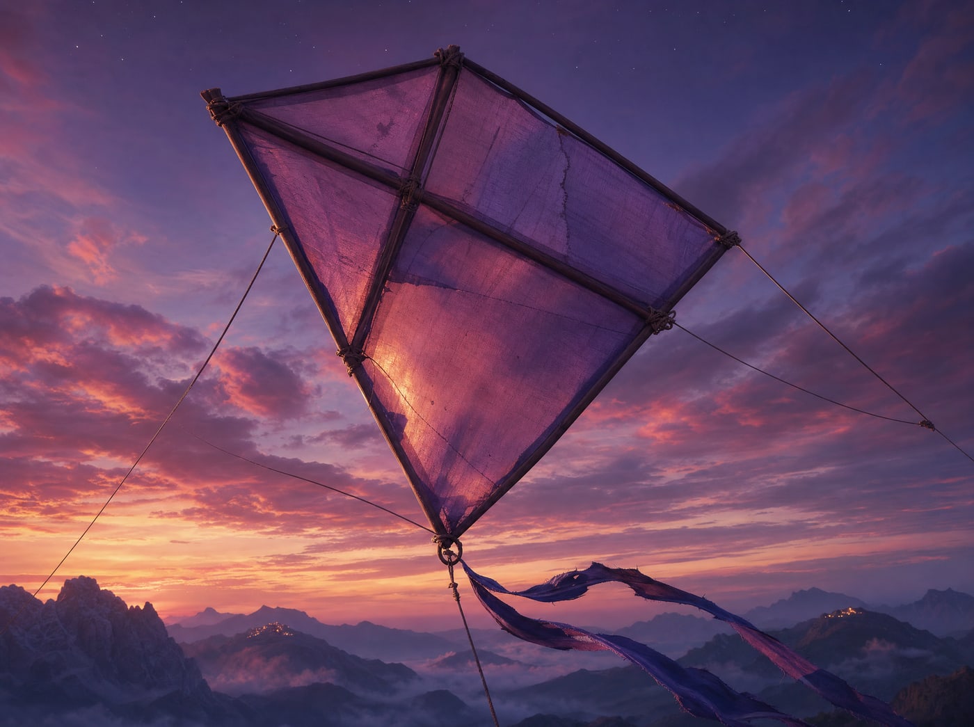 A taut angular kite of jointed timber spars and stretched panels, seen close against a violet dusk sky, its lines running tight to the corners.