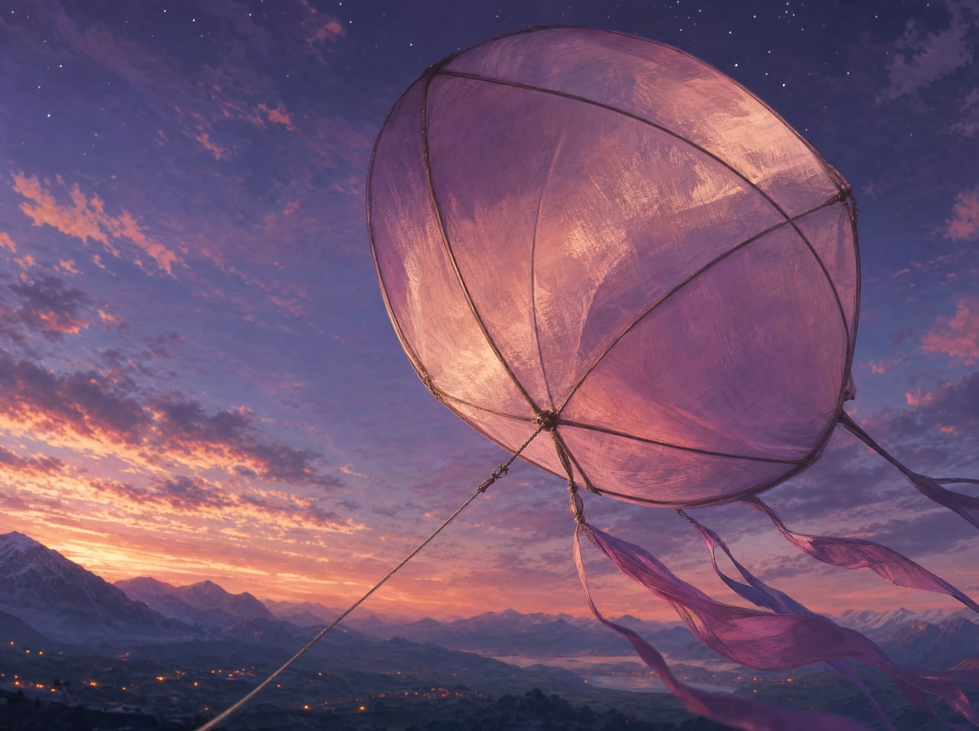 A soft rounded kite of stitched silk panels over a light curved frame, seen close against the same violet dusk sky, ribbons trailing from its lower edge.