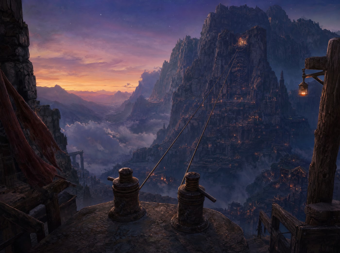 Two tether lines running down from out of frame to two different winch posts set side by side on a stone rooftop above a lamplit valley at dusk.