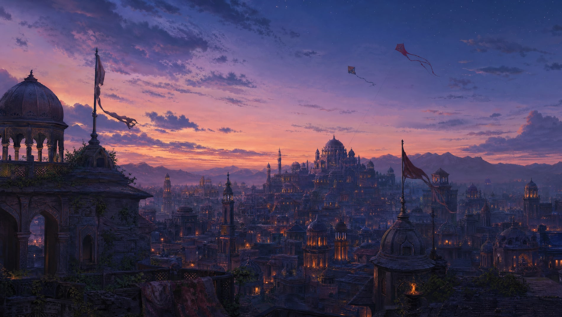 Both kinds of kite seen from far off, tiny above a rooftop skyline at dusk, their tether lines too thin to make out.