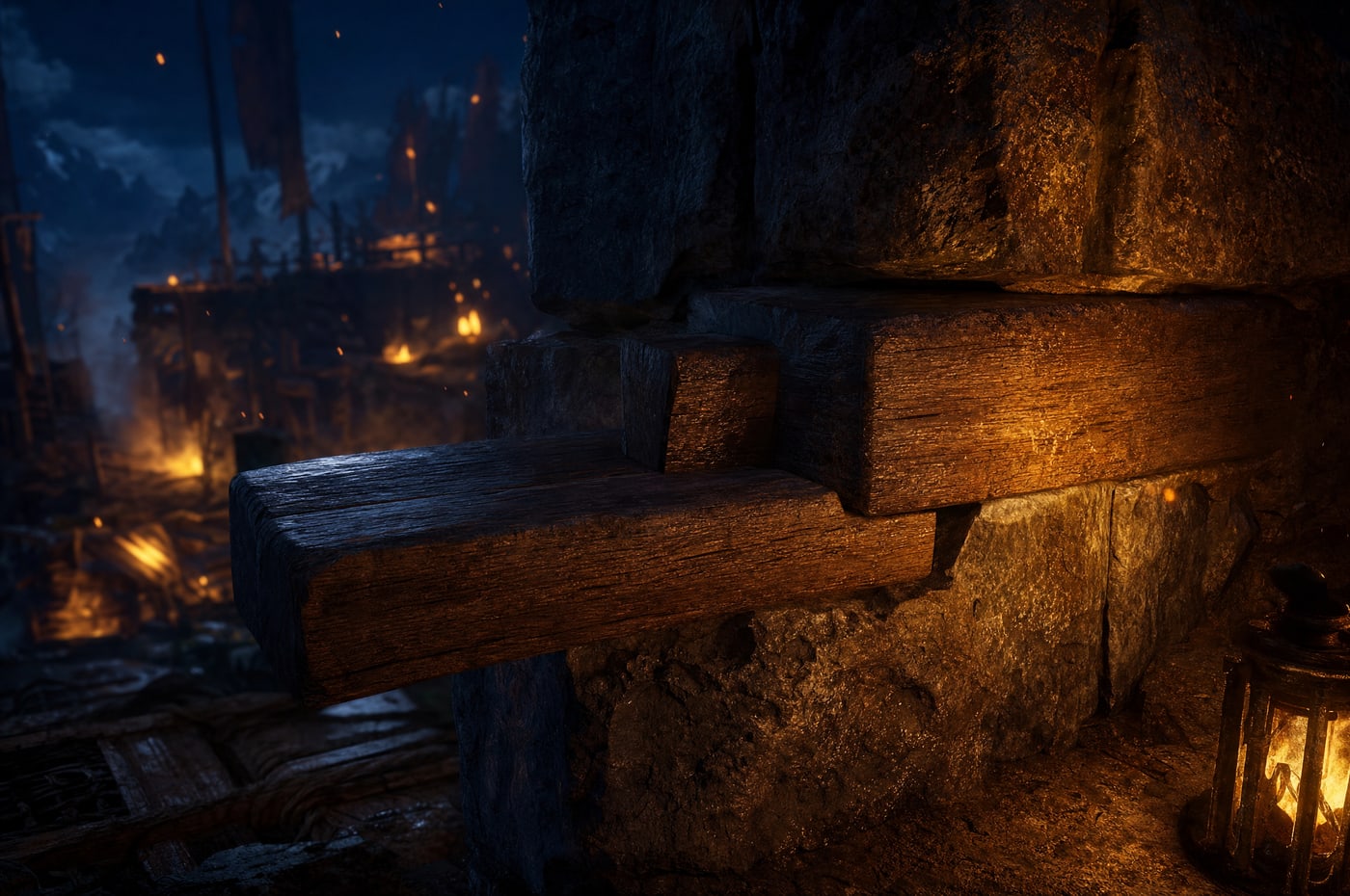 Close view of a heavy timber beam seated into a socket cut in a rough stone block, the end of the beam planed flat to fit, warm lantern light raking across the grain and the cut stone.