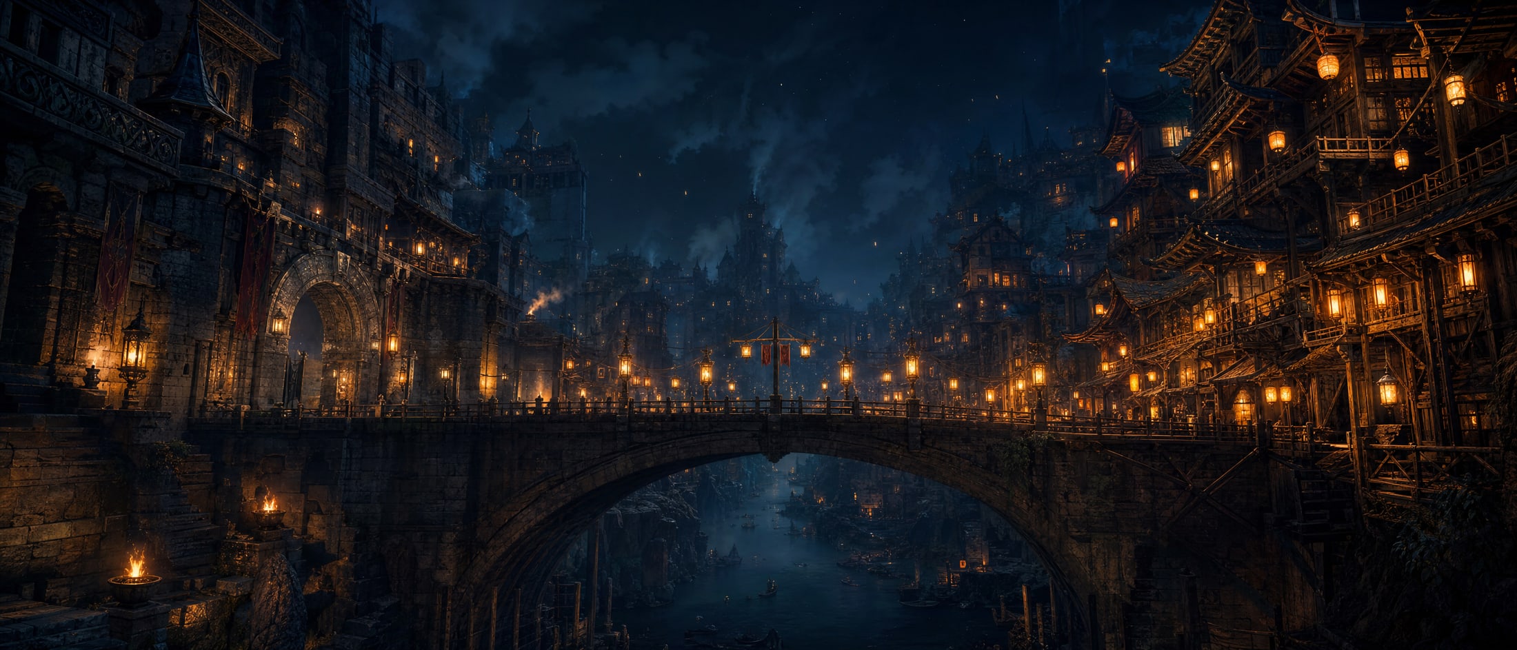 A wide stone bridge at night joining two districts built in different architecture: heavy squared masonry and arches on the left bank, tall timber lattice galleries on the right, with rows of lanterns running out from both ends and meeting over the middle of the span.