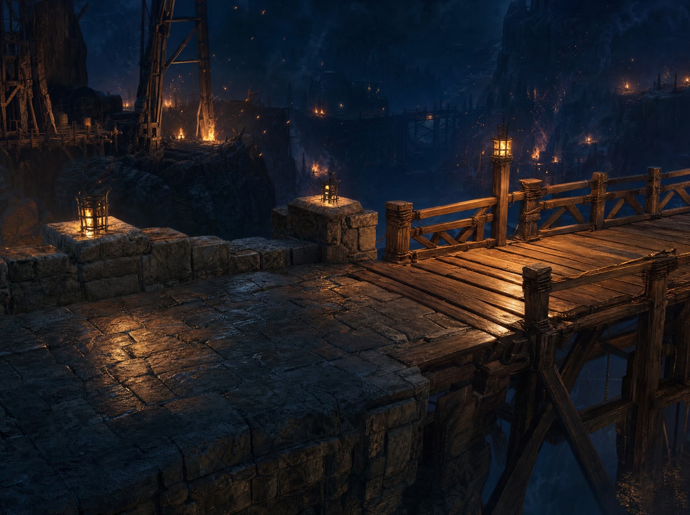 The middle of the bridge seen close: heavy grey flagstones ending abruptly against the boards of a timber deck, the join between the two running straight across the span, a lantern set on the stone and another on the timber rail.
