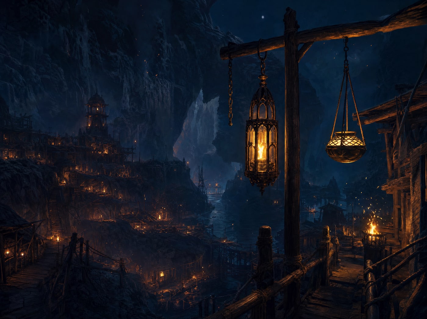 Two lanterns of entirely different design hanging from the same timber rail at night: a tall fluted iron-and-glass lamp beside a squat woven basket brazier, both lit, both throwing the same warm light onto the boards.