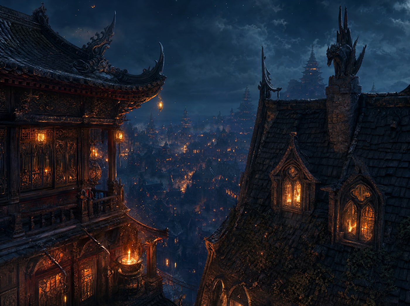 Two rooflines of completely different architecture rising against a night sky: a tiered timber roof with upswept eaves and lit paper lamps on one side, a steep slate gable with dormer windows and carved stonework on the other, the lit town below between them.
