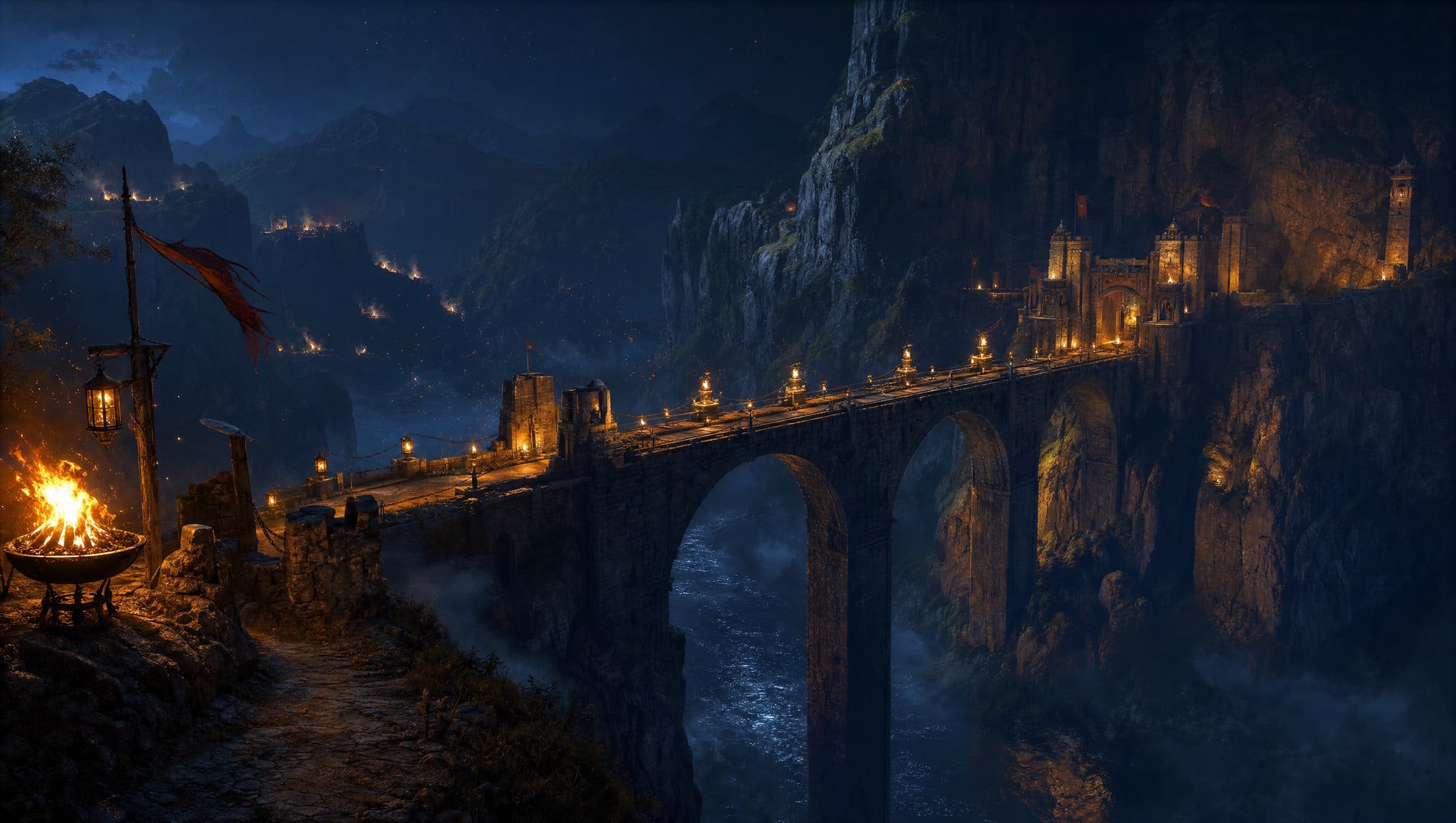 The whole bridge seen at night from one bank, its arches spanning a deep river gorge, a line of lanterns running the full length of the parapet and lit settlements glowing at both ends.