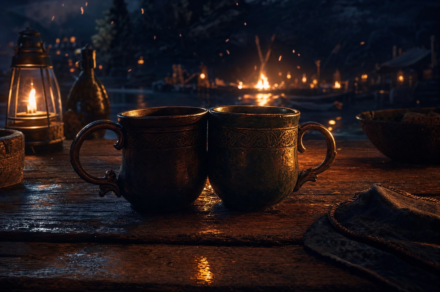 Close view of two clay cups touching on a worn wooden surface, lit low and warm from one side by firelight.