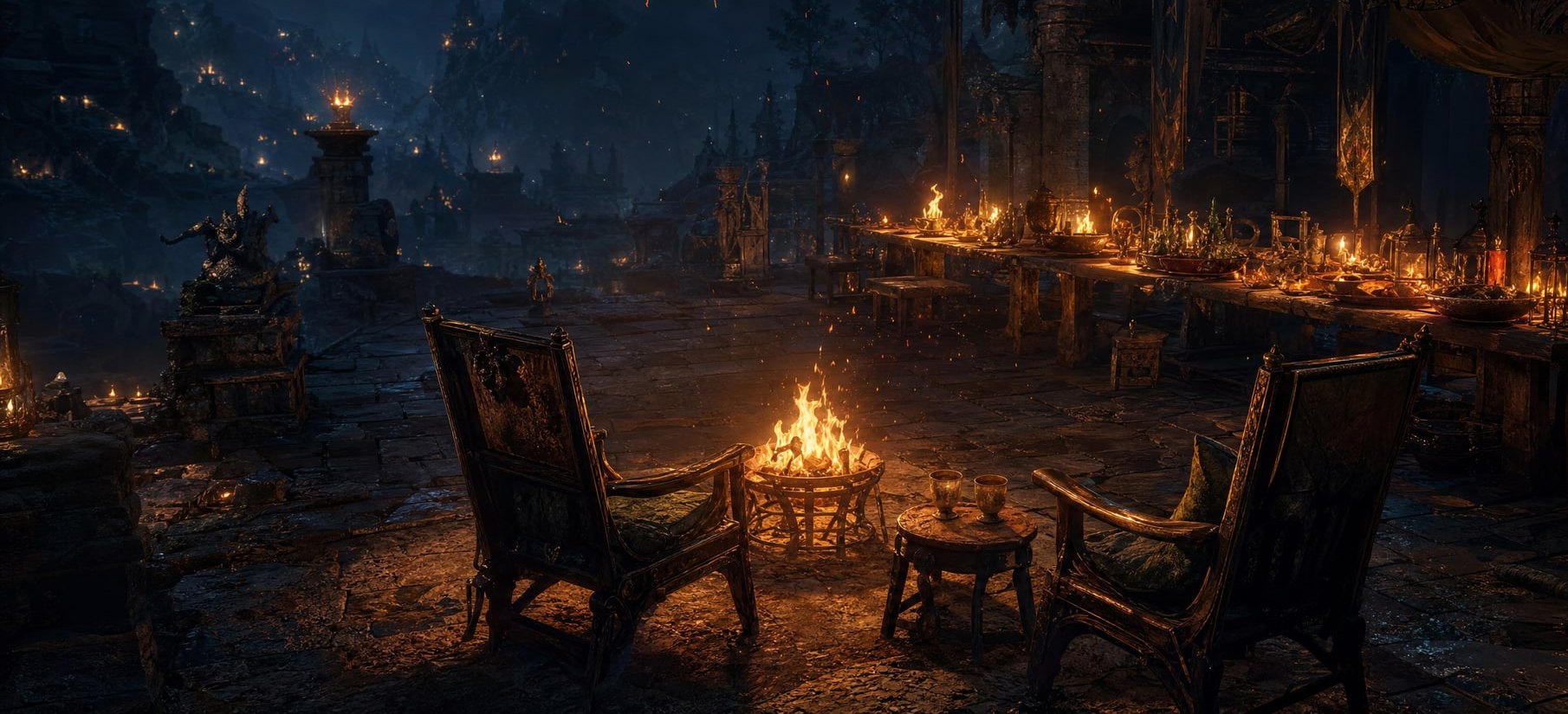 Two chairs pulled away from a long banquet table at night and turned to face each other beside their own small fire, two cups on a low stool between them, the big table still glowing warm in the background.