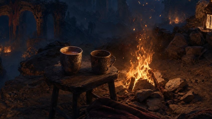 Two clay cups on a low three-legged stool beside a fire, one drained to the bottom and one still full.
