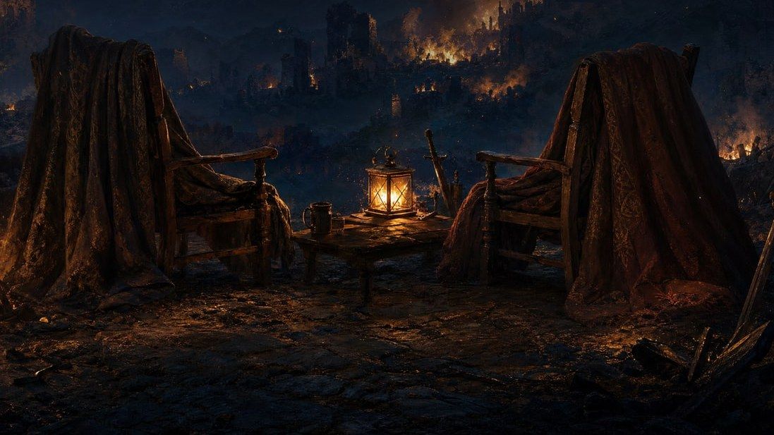 Two heavy wooden chairs turned to face each other beside a low fire at night, a thick cloak left over each chair back.