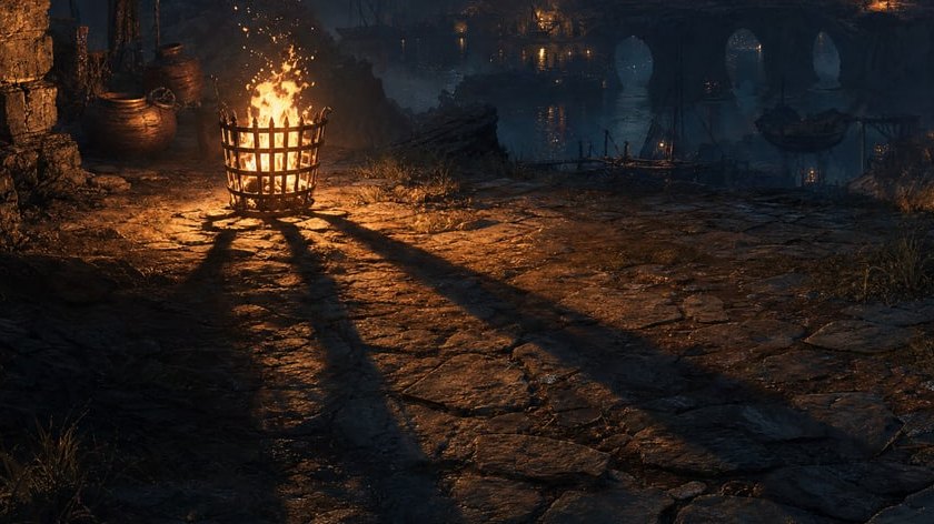 A small fire burning in an iron basket on flagstones, throwing two long shadows away across the wet ground.