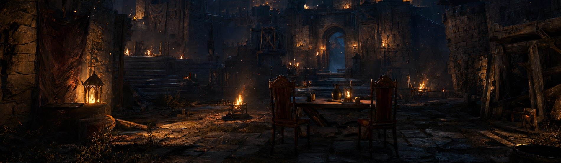 Seen from the far end of the long table across the dark courtyard: two small chairs turned in toward one another, lit by a single low fire.