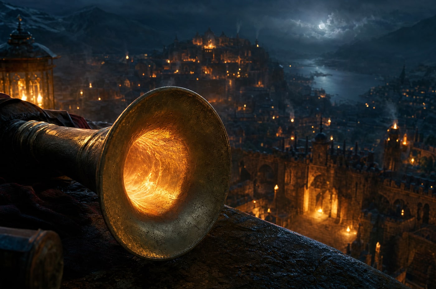 One flared brass tube mouth in shallow focus, warm light running away down its throat into darkness.