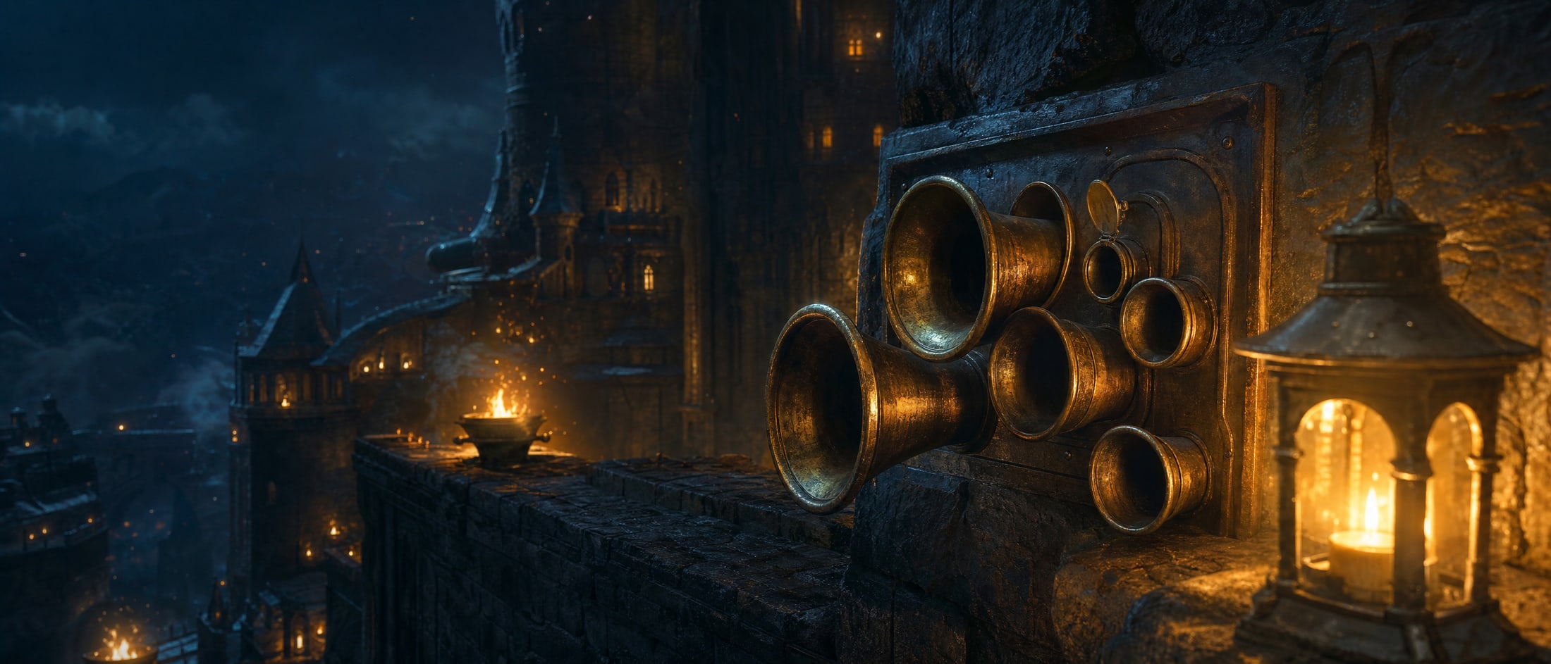 A stone wall fitted with a cluster of brass speaking-tubes of different diameters, their mouths flared into the room and their throats running away into the dark of the building; one tube's hinged cap stands open.