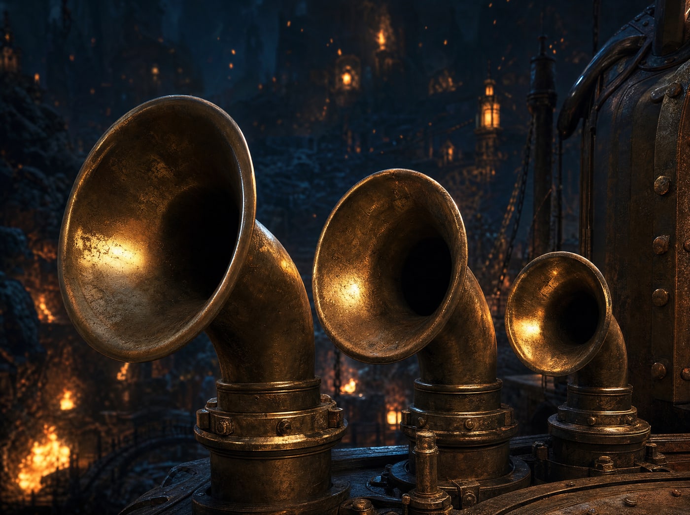 Three brass speaking-tube mouths set side by side in a stone wall, each a different diameter, the widest on the left and the narrowest on the right.