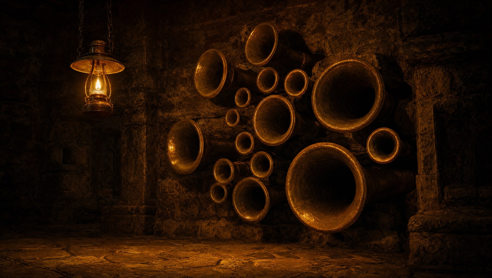 The full cluster of brass speaking-tubes seen from across a dark room, a single lamp picking out their mouths on the far wall.