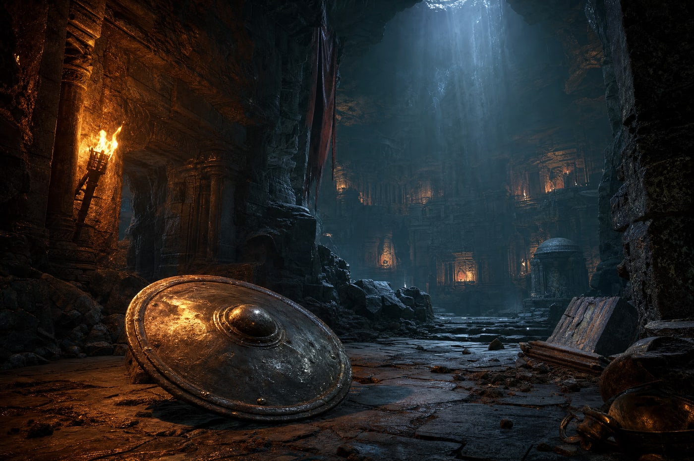 A dented round shield lying face up on wet flagstones at the foot of the door, torchlight raking across its scarred boss.