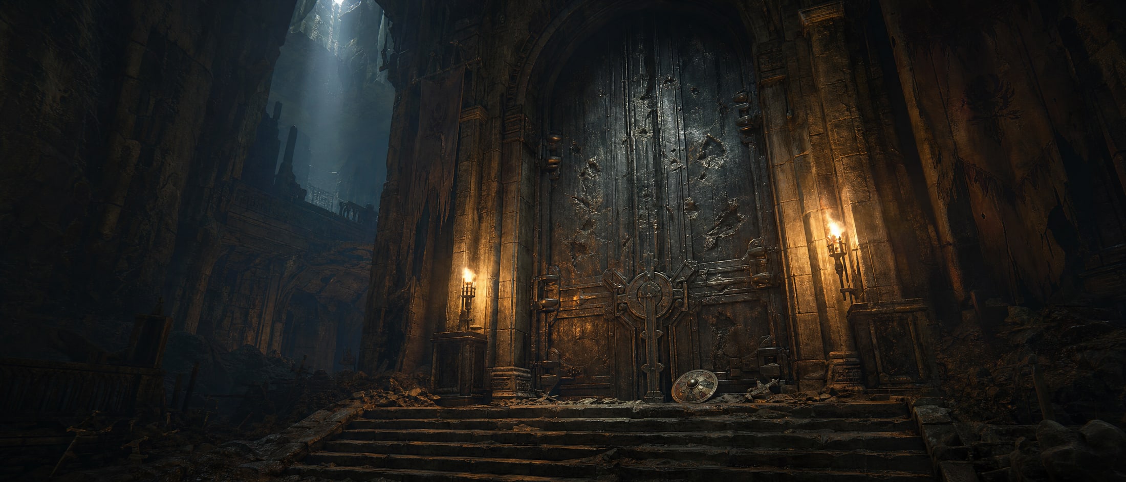 An enormous scarred door at the bottom of a ruined stair, its iron lock cold and closed, a torch burning in a bracket on either side and a dropped shield leaning against it.