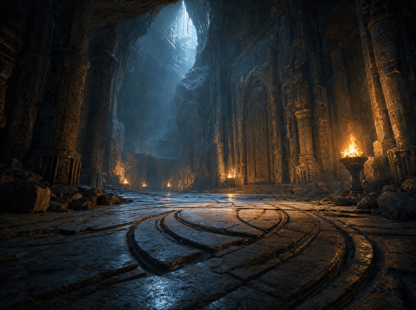 A scarred stone floor in a torchlit ruin, gouged in long overlapping arcs by something heavy that swung the same way many times.