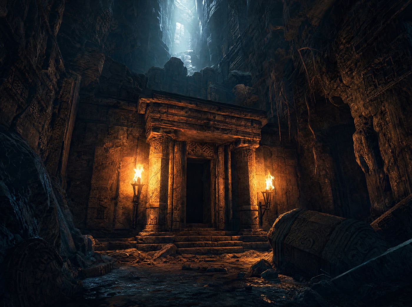 Two torches burning in wall brackets either side of a lit doorway, their light overlapping across the stone between them.