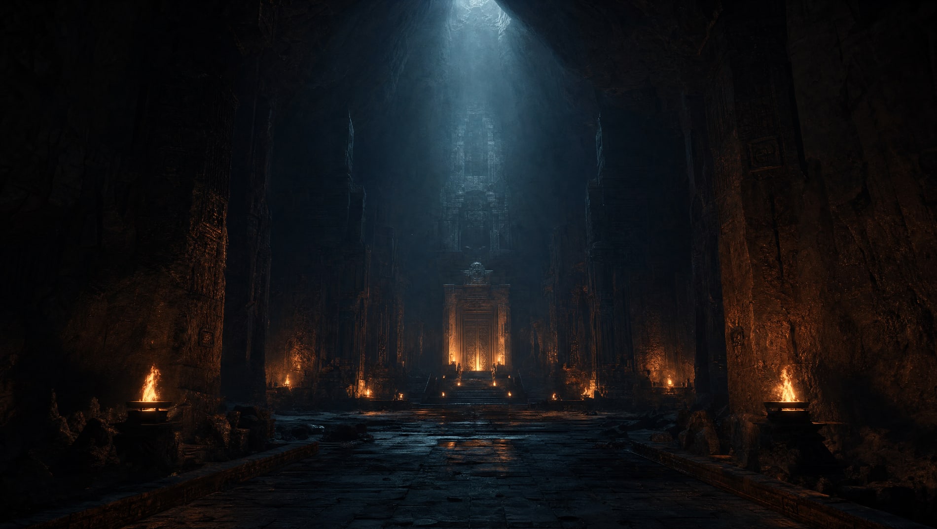 The great door seen from far back down the hall, small and lit between two rows of braziers.