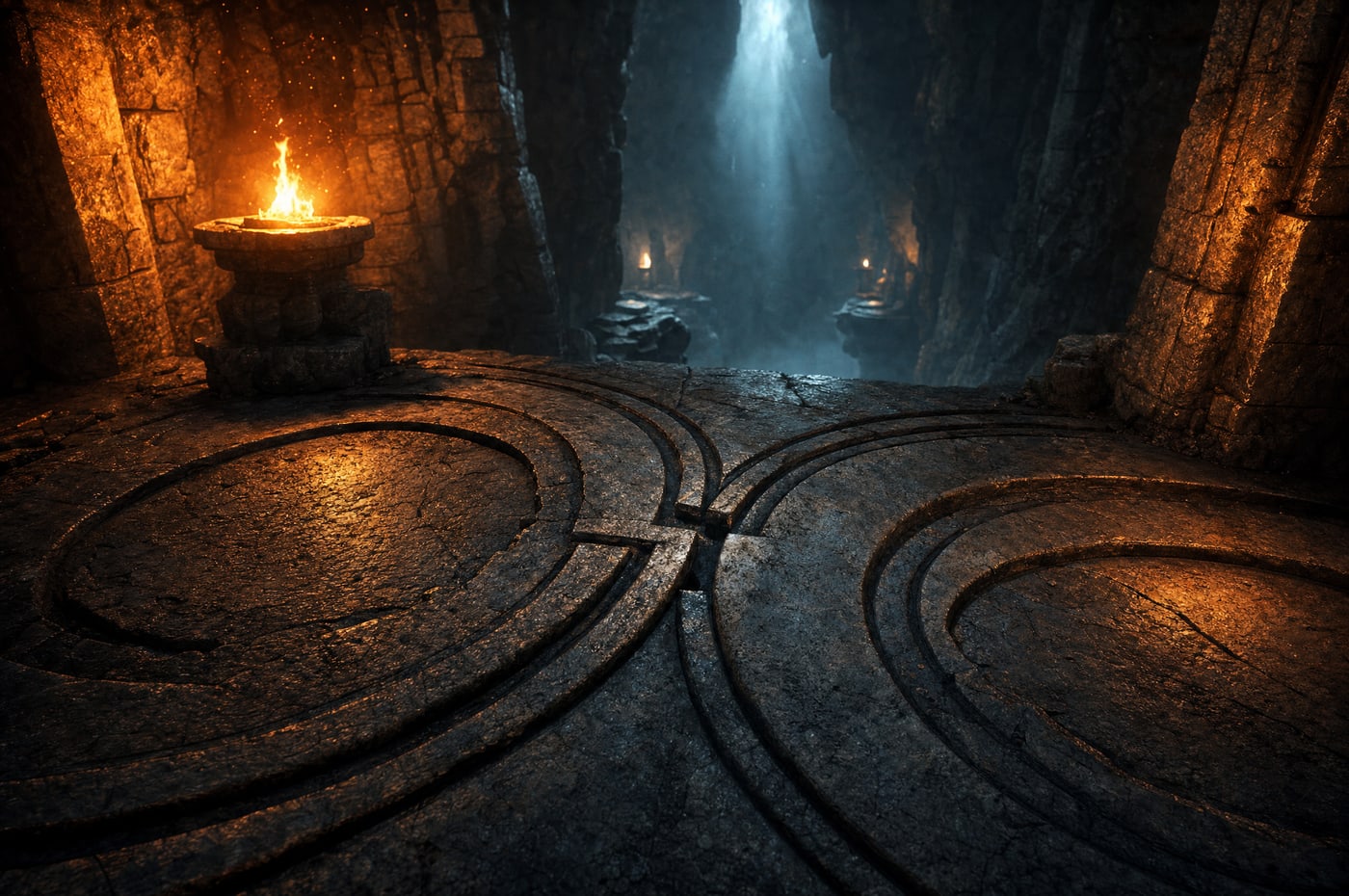 A close view of two carved grooves in a stone floor meeting at a join where they do not quite line up, torchlight raking across the offset.