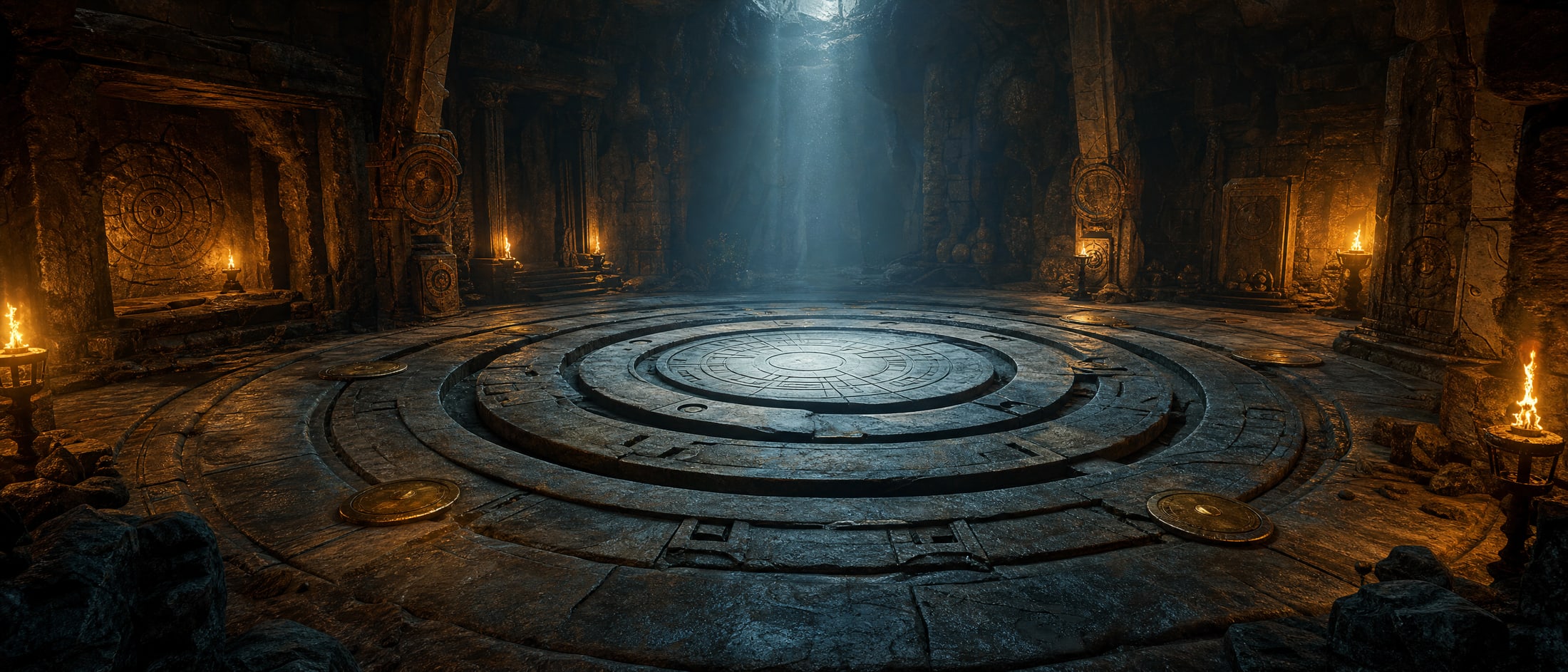 A circular underground chamber built as a mechanism: three concentric carved stone rings set into the floor, two of them rotated out of alignment, pressure plates round the rim and a shaft of pale daylight falling on the centre.