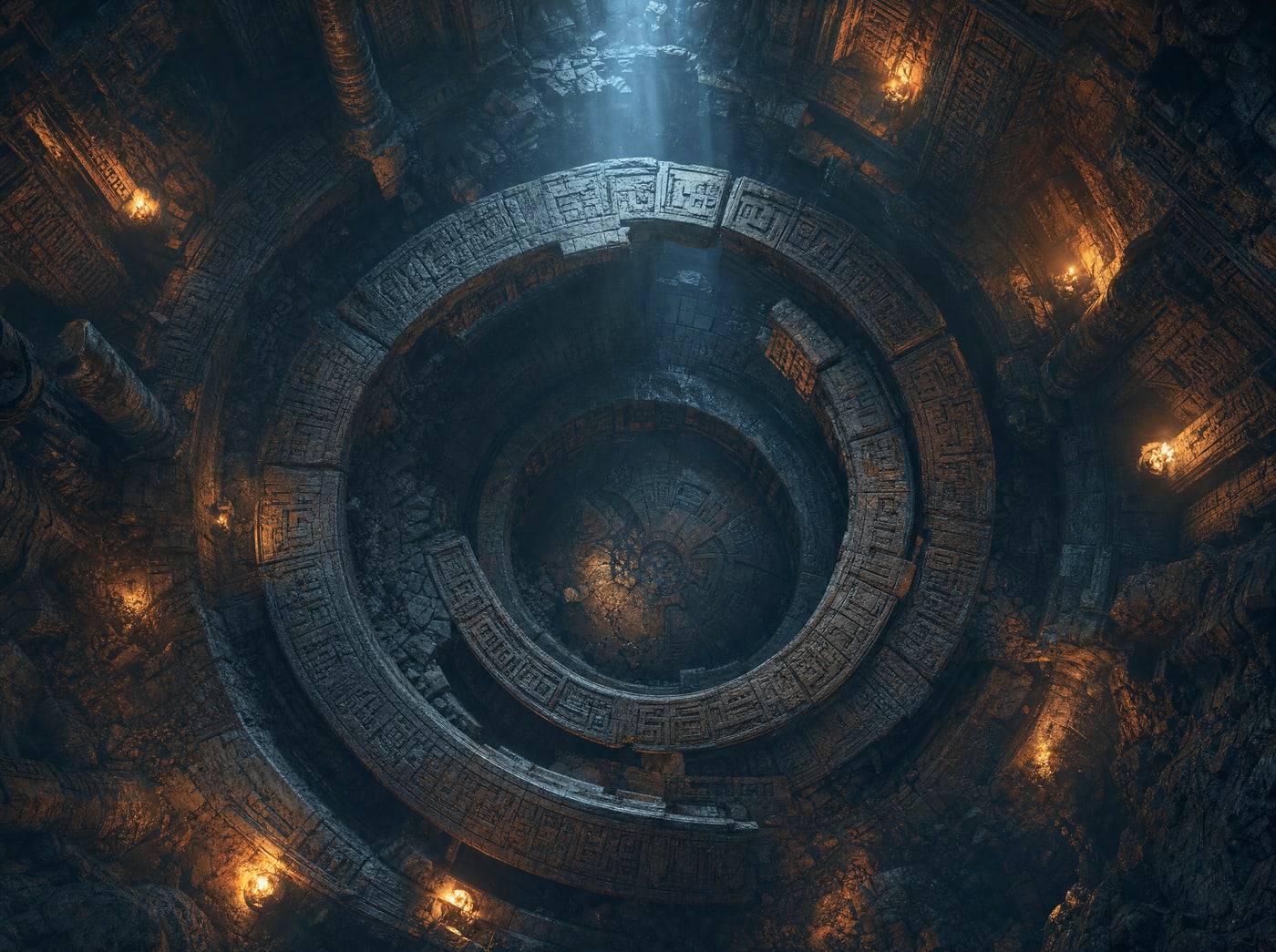 Three concentric carved stone rings seen from directly above in a torchlit chamber, the inner two rotated out of true with the outer one, a pale shaft of daylight crossing them.