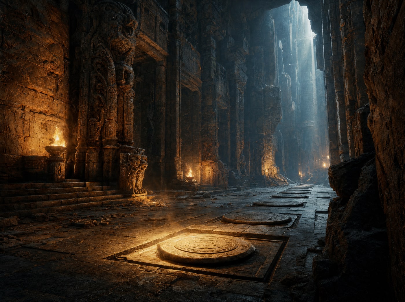 A row of carved stone pressure plates set into a temple floor, one of them sunk flush and still holding, warm lamplight raking across the others.