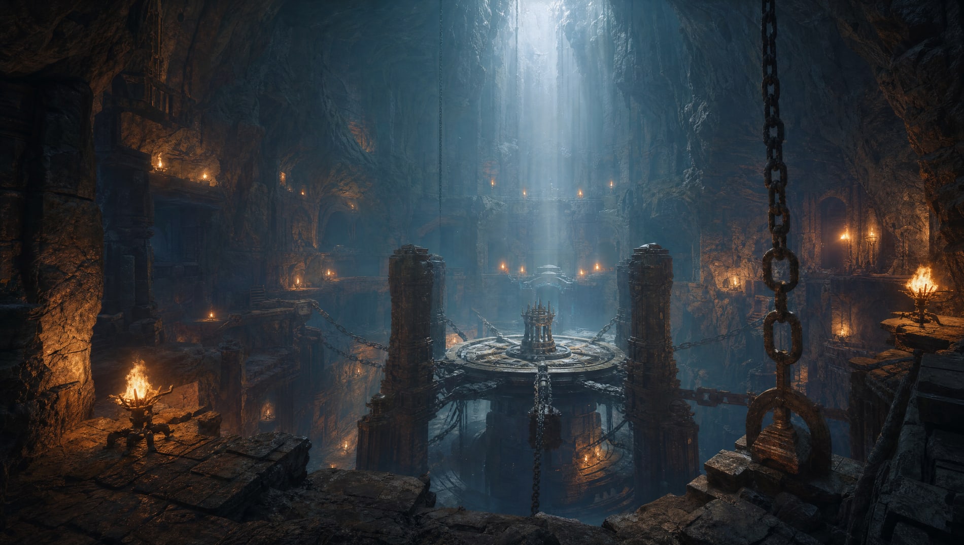 The ring chamber seen from its edge, the great circular mechanism lit at the centre of the floor and chains running out to the walls.