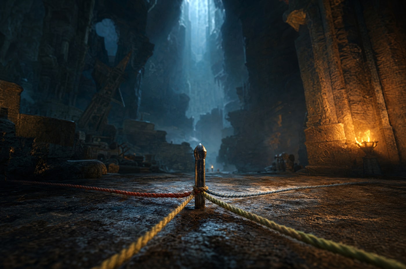 A single pin standing in stone with four ropes drawn tight from it, each running off in a different direction into the dark.