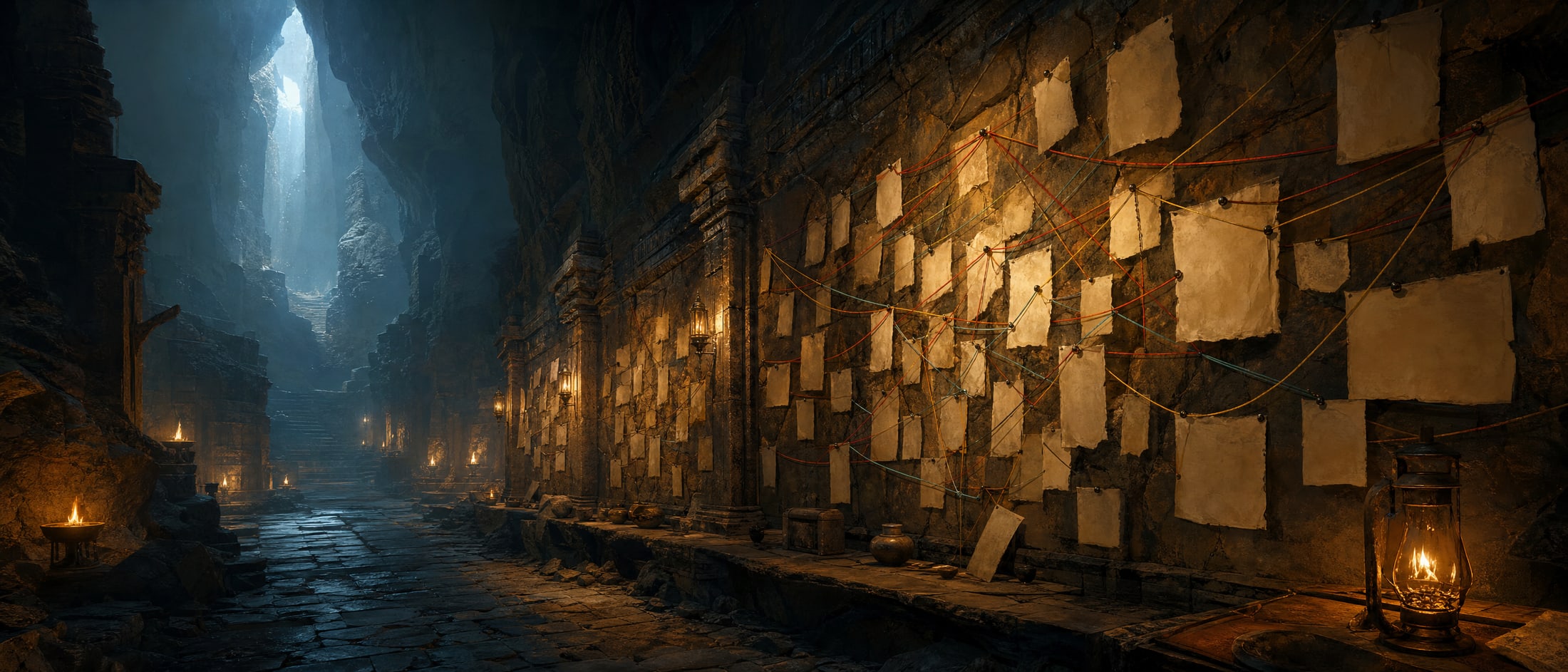 A long underground wall used as a quest board: dozens of blank parchment scraps pinned across the stone and joined by taut coloured threads, lantern light along the corridor.